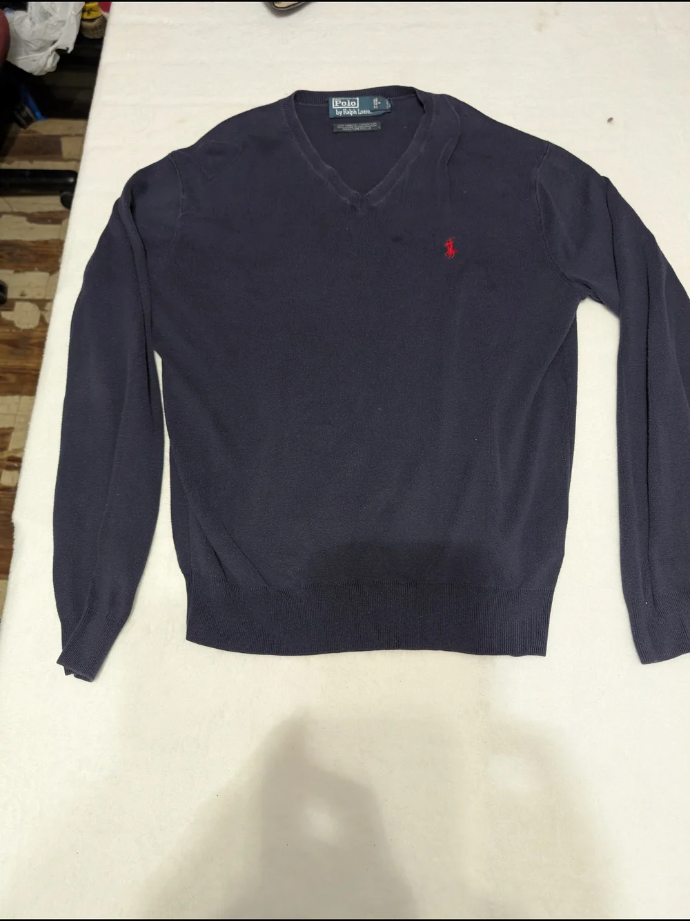 Polo by Ralph Lauren Men's Navy V-Neck Sweater with Red Pony Size Medium